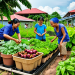 **

A vibrant scene depicting a community garden in Malaysia. People of diverse ages are tending to plants, smiling and interacting. Focus on the fresh vegetables and herbs being grown, emphasizing a plant-based diet and community involvement. Include traditional Malaysian elements in the background, subtly blending local culture with the Blue Zone lifestyle concept.

**