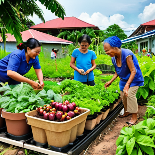 Home 11 **
A vibrant scene depicting a community garden in Malaysia. People of diverse ages are tending to plants, smiling and interacting. Focus on the fresh vegetables and herbs being grown, emphasizing a plant-based diet and community involvement. Include traditional Malaysian elements in the background, subtly blending local culture with the Blue Zone lifestyle concept.
**