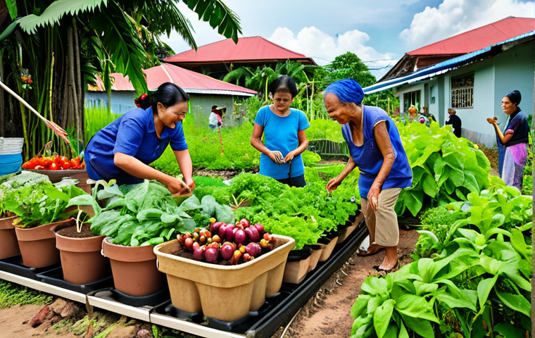 **
A vibrant scene depicting a community garden in Malaysia. People of diverse ages are tending to plants, smiling and interacting. Focus on the fresh vegetables and herbs being grown, emphasizing a plant-based diet and community involvement. Include traditional Malaysian elements in the background, subtly blending local culture with the Blue Zone lifestyle concept.
**