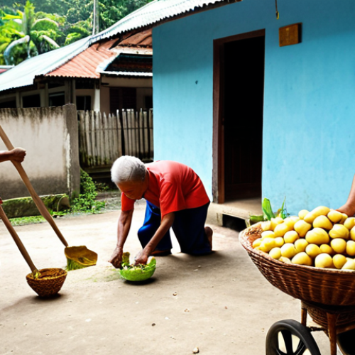 Home 6 **Prompt:** A vibrant, sunlit outdoor scene in a traditional Malaysian village or neighborhood, depicting a multi-generational "gotong-royong" (communal work) activity. Elderly Malaysians, middle-aged adults, and children are actively engaged, smiling and laughing. Some are sharing local fresh produce like bananas or rambutan, while others are helping a neighbor with a task like sweeping the compound or preparing food for a shared meal. The atmosphere is filled with warmth, cooperation, and genuine human connection, embodying the strong community spirit and the joy of giving found in Blue Zones. Focus on authentic Malaysian features and attire.