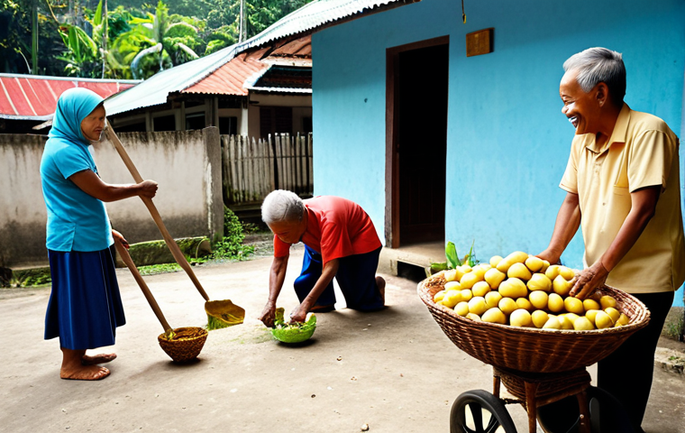 **Prompt:** A vibrant, sunlit outdoor scene in a traditional Malaysian village or neighborhood, depicting a multi-generational "gotong-royong" (communal work) activity. Elderly Malaysians, middle-aged adults, and children are actively engaged, smiling and laughing. Some are sharing local fresh produce like bananas or rambutan, while others are helping a neighbor with a task like sweeping the compound or preparing food for a shared meal. The atmosphere is filled with warmth, cooperation, and genuine human connection, embodying the strong community spirit and the joy of giving found in Blue Zones. Focus on authentic Malaysian features and attire.